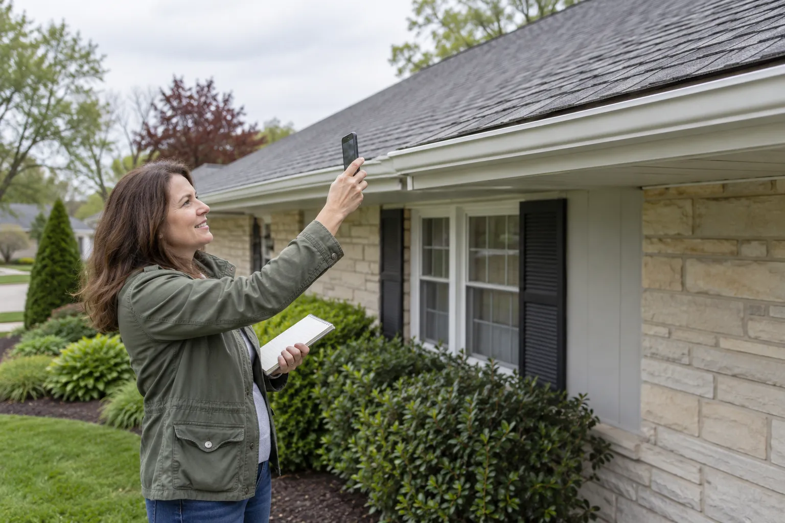Homeowner photographing roof damage for an estimate in the Afton area