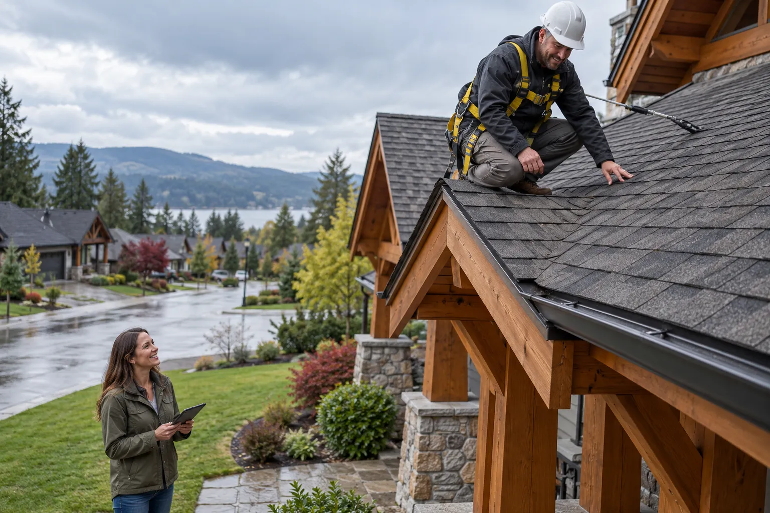 A local roofing provider inspecting a shingle roof on a home in Afton after a storm